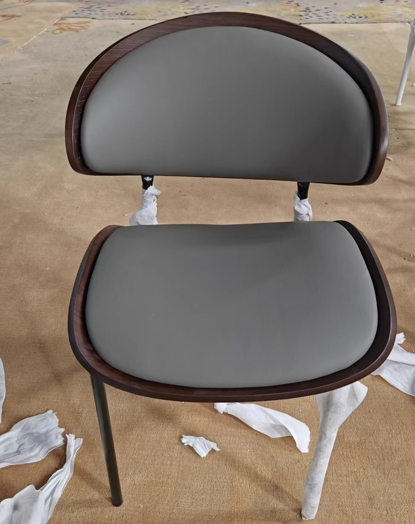 Contemporary Scandinavian Arc Faux Leather Solid Wood Carbon Steel Dining Chair Backrest Armless For Dining Room