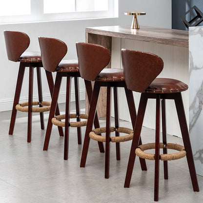 Contemporary Scandinavian Round Arc PU Leather Solid Wood Bar Stool Backrest Armless For Dining Room