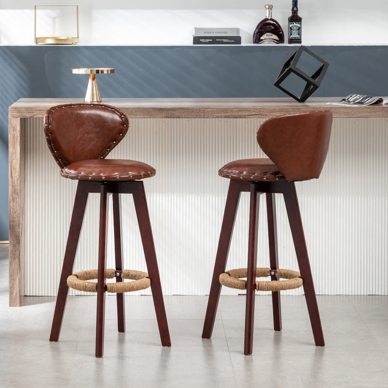 Contemporary Scandinavian Round Arc PU Leather Solid Wood Bar Stool Backrest Armless For Dining Room
