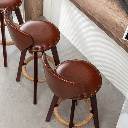 Contemporary Scandinavian Round Arc PU Leather Solid Wood Bar Stool Backrest Armless For Dining Room