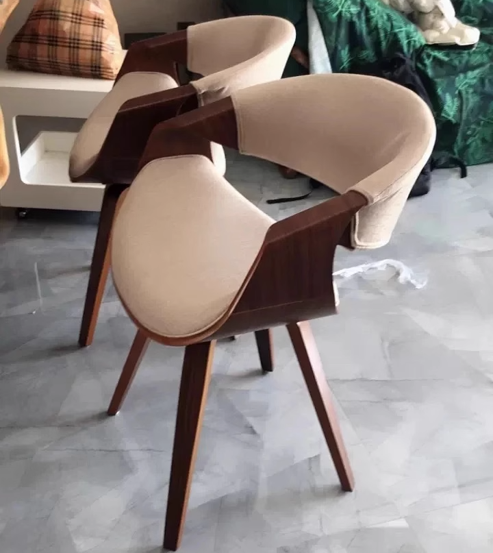 Contemporary Nordic Curved Bent Wood Cotton Linen Leather Dining Chair Backrest Armrest For Dining Room