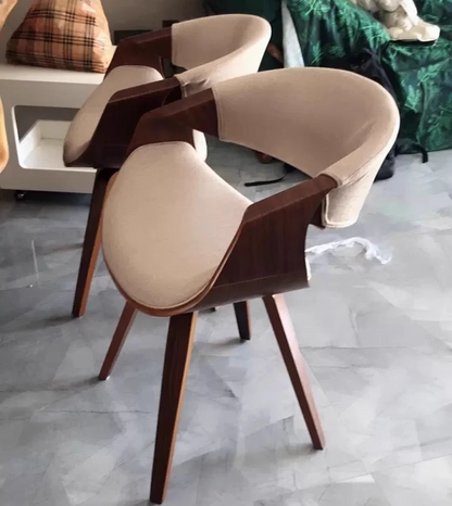 Contemporary Nordic Curved Bent Wood Cotton Linen Leather Dining Chair Backrest Armrest For Dining Room