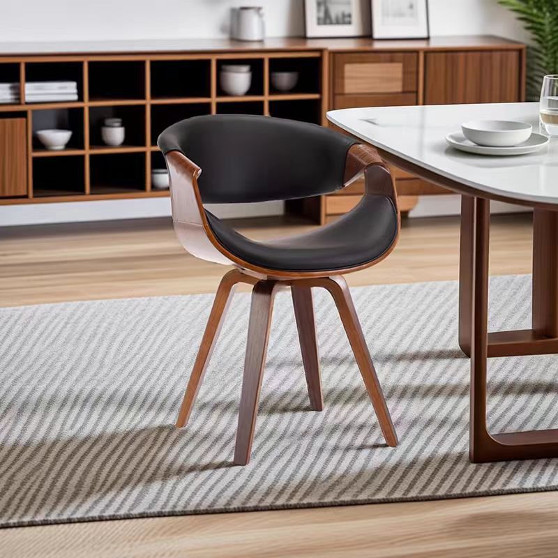 Contemporary Nordic Curved Bent Wood Cotton Linen Leather Dining Chair Backrest Armrest For Dining Room