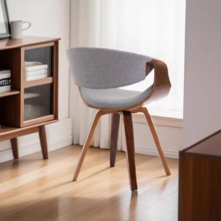 Contemporary Nordic Curved Bent Wood Cotton Linen Leather Dining Chair Backrest Armrest For Dining Room