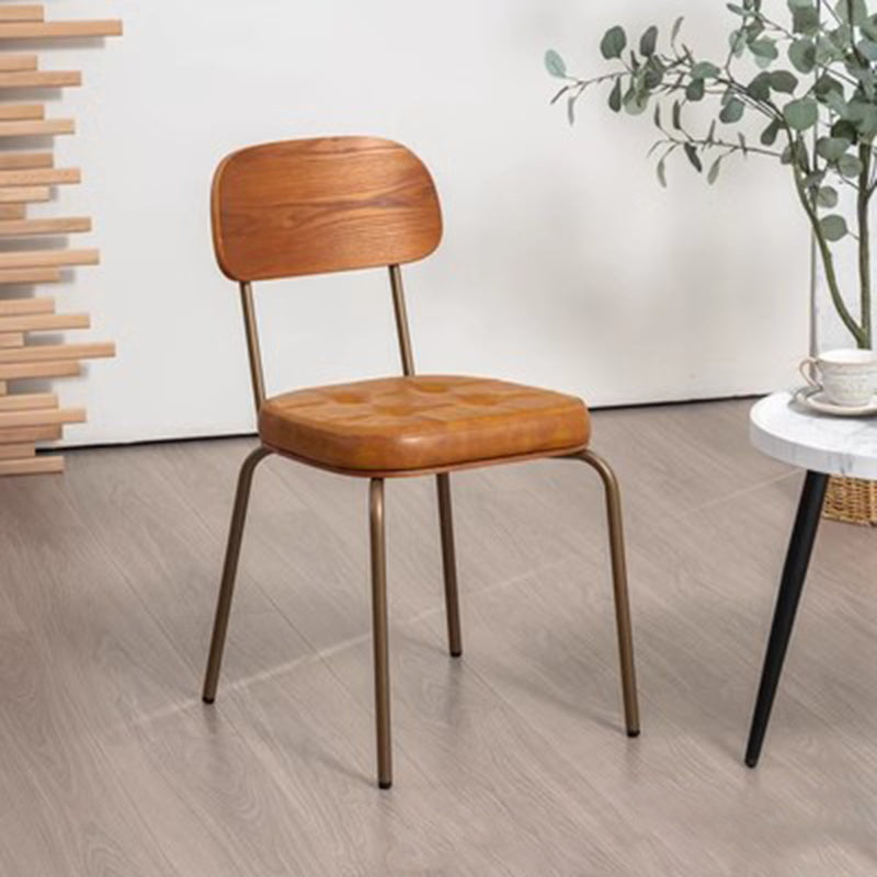 Traditional Rustic Square Arc Leather Solid Wood Iron Dining Chair Backrest Armless For Dining Room