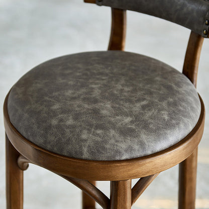 Traditional Vintage Round Solid Wood Faux Leather Bar Stool Backrest Armless For Dining Room