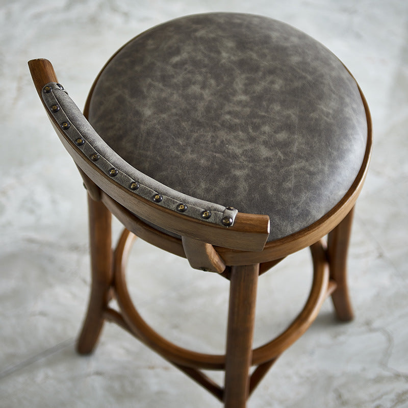 Traditional Vintage Round Solid Wood Faux Leather Bar Stool Backrest Armless For Dining Room