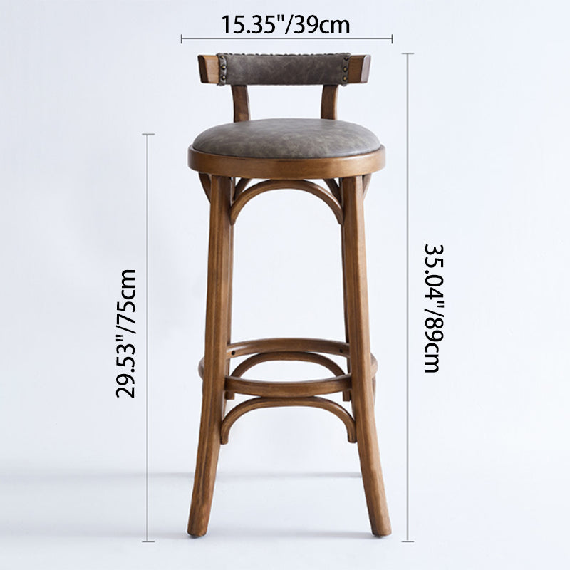 Traditional Vintage Round Solid Wood Faux Leather Bar Stool Backrest Armless For Dining Room