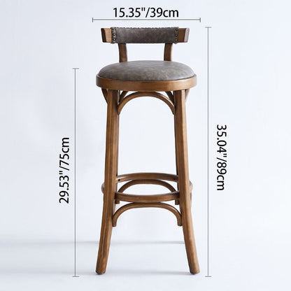 Traditional Vintage Round Solid Wood Faux Leather Bar Stool Backrest Armless For Dining Room