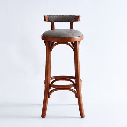 Traditional Vintage Round Solid Wood Faux Leather Bar Stool Backrest Armless For Dining Room