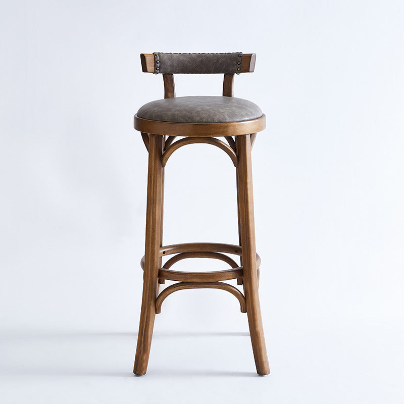 Traditional Vintage Round Solid Wood Faux Leather Bar Stool Backrest Armless For Dining Room