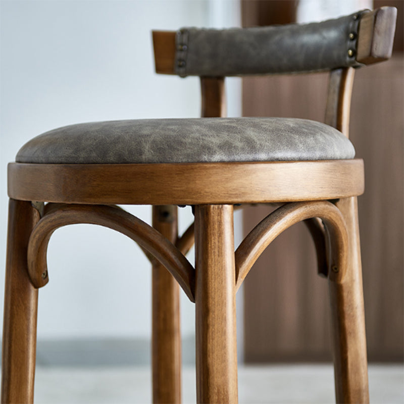 Traditional Vintage Round Solid Wood Faux Leather Bar Stool Backrest Armless For Dining Room