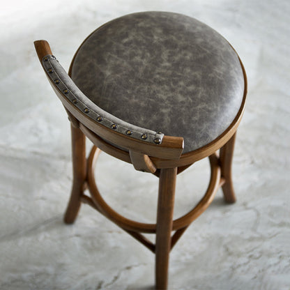 Traditional Vintage Round Solid Wood Faux Leather Bar Stool Backrest Armless For Dining Room