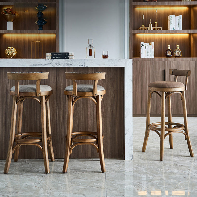 Traditional Vintage Round Solid Wood Faux Leather Bar Stool Backrest Armless For Dining Room