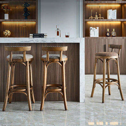 Traditional Vintage Round Solid Wood Faux Leather Bar Stool Backrest Armless For Dining Room