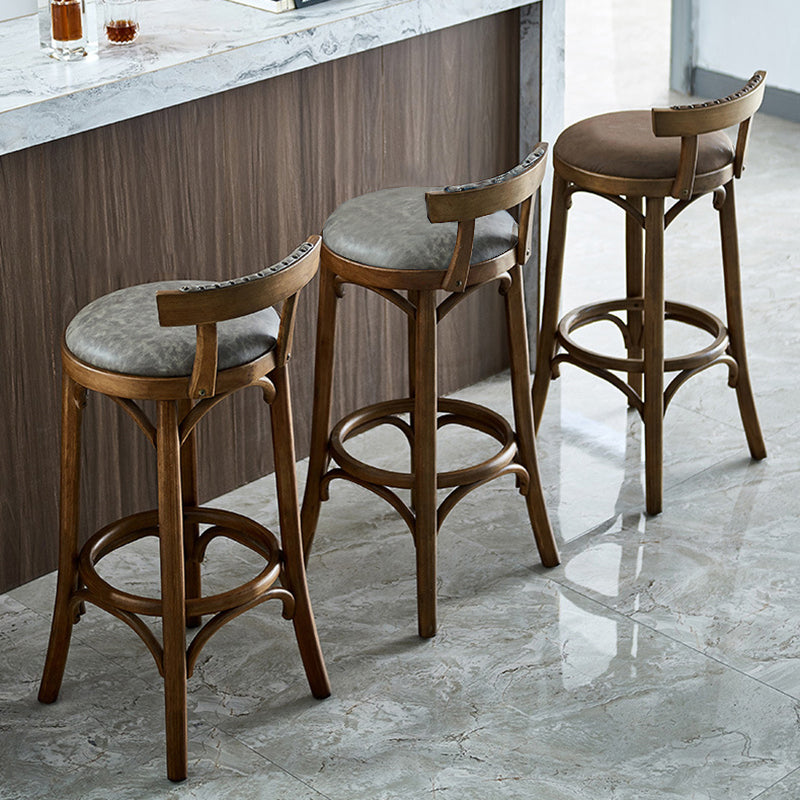 Traditional Vintage Round Solid Wood Faux Leather Bar Stool Backrest Armless For Dining Room