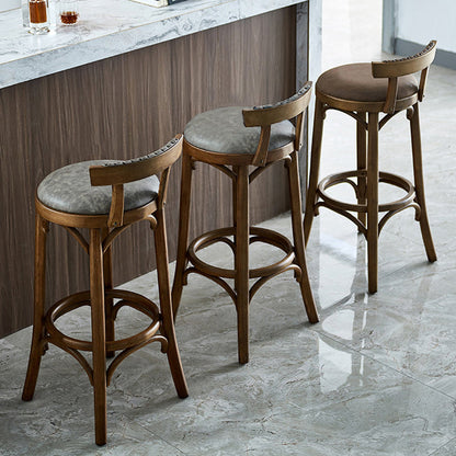 Traditional Vintage Round Solid Wood Faux Leather Bar Stool Backrest Armless For Dining Room