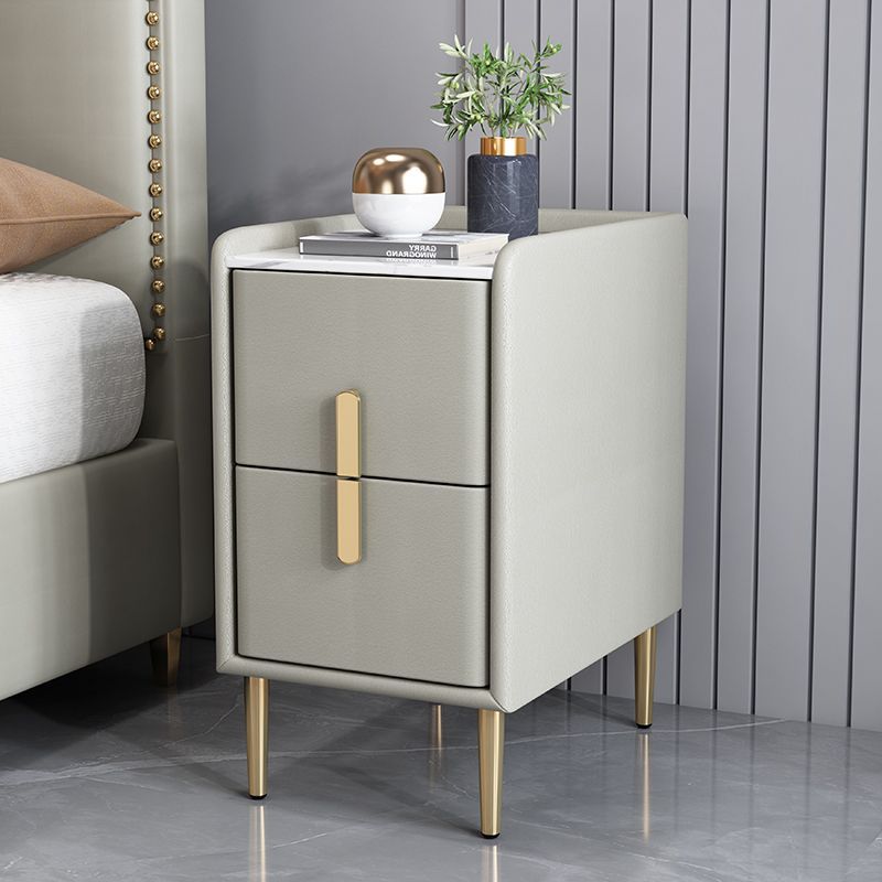 Contemporary Nordic Pine Microfiber Leather Sintered Stone Nightstand 2 - Drawer For Bedroom