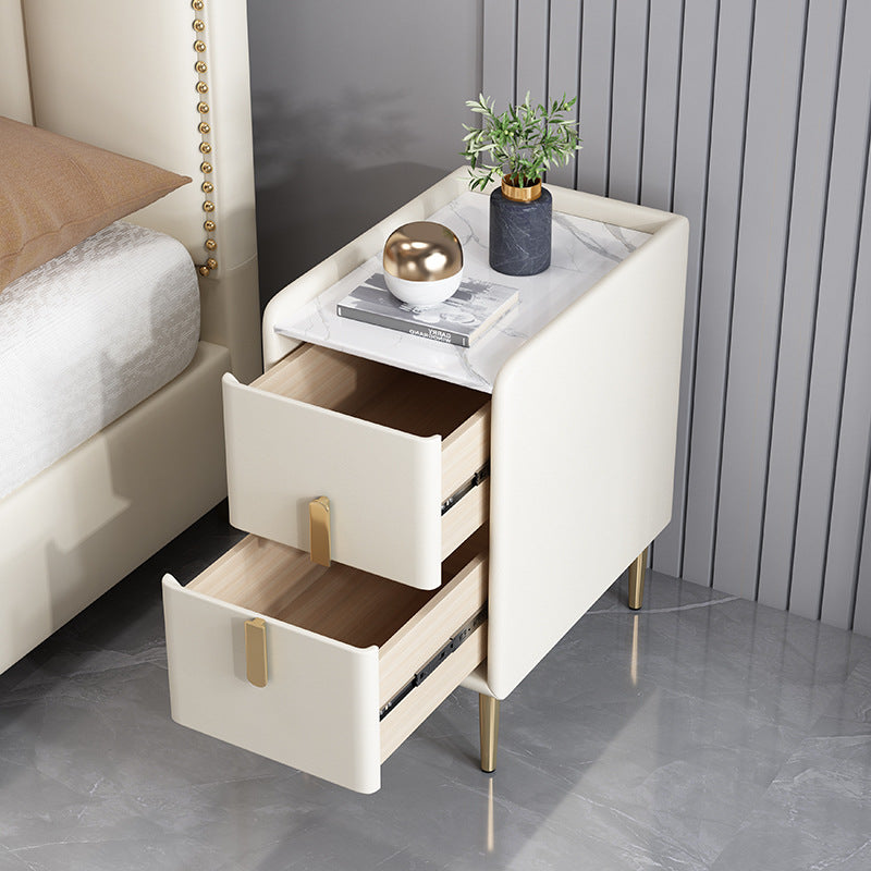 Contemporary Nordic Pine Microfiber Leather Sintered Stone Nightstand 2 - Drawer For Bedroom