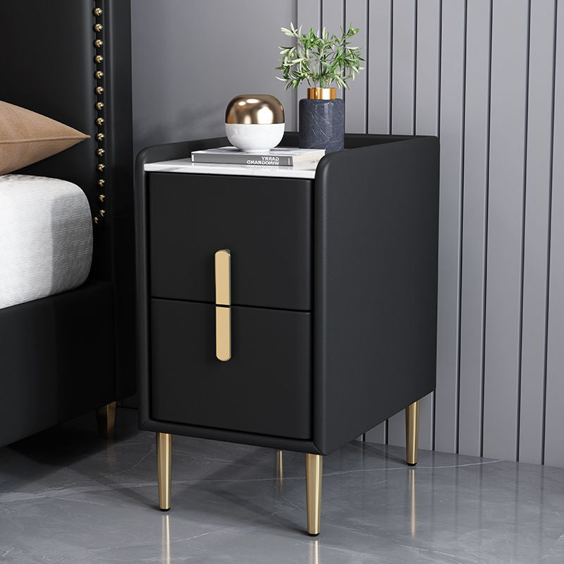 Contemporary Nordic Pine Microfiber Leather Sintered Stone Nightstand 2 - Drawer For Bedroom