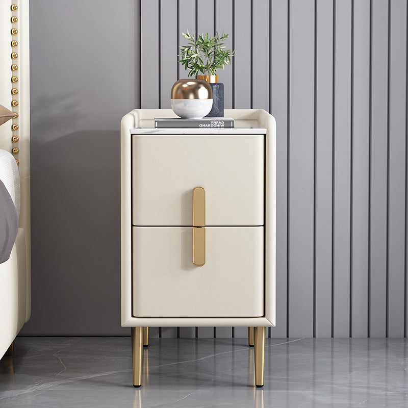 Contemporary Nordic Pine Microfiber Leather Sintered Stone Nightstand 2 - Drawer For Bedroom