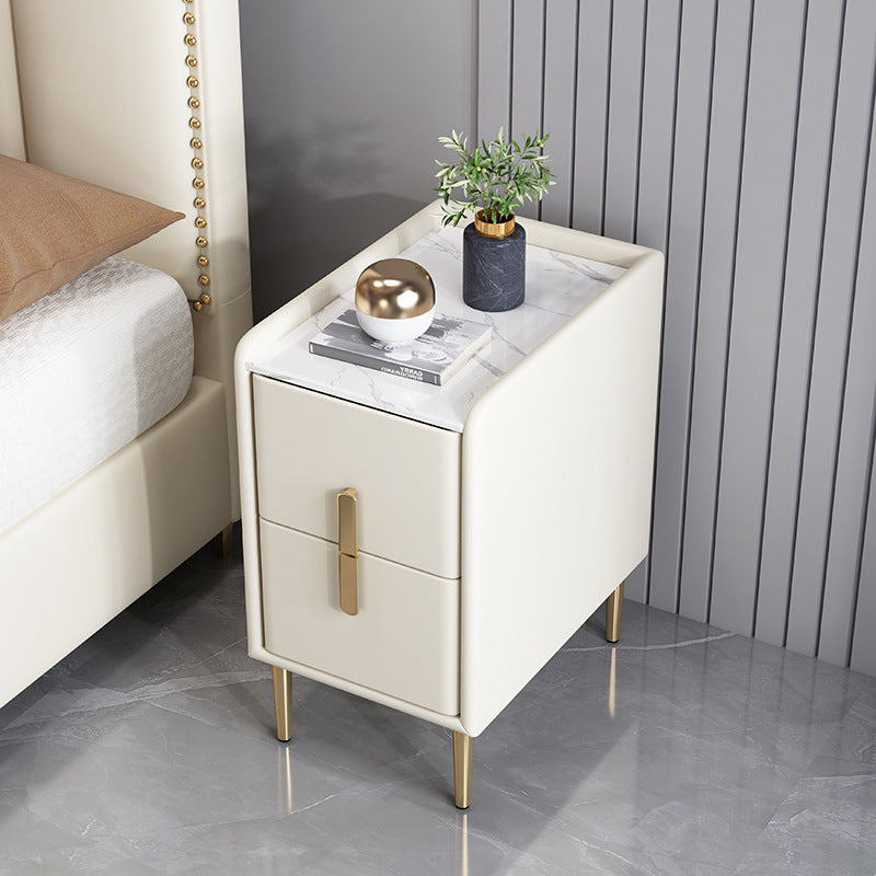Contemporary Nordic Pine Microfiber Leather Sintered Stone Nightstand 2 - Drawer For Bedroom