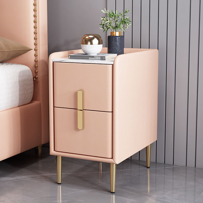 Contemporary Nordic Pine Microfiber Leather Sintered Stone Nightstand 2 - Drawer For Bedroom