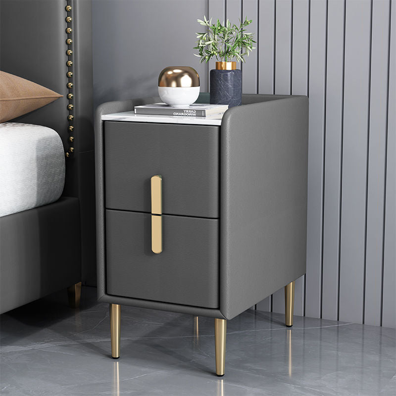Contemporary Nordic Pine Microfiber Leather Sintered Stone Nightstand 2 - Drawer For Bedroom