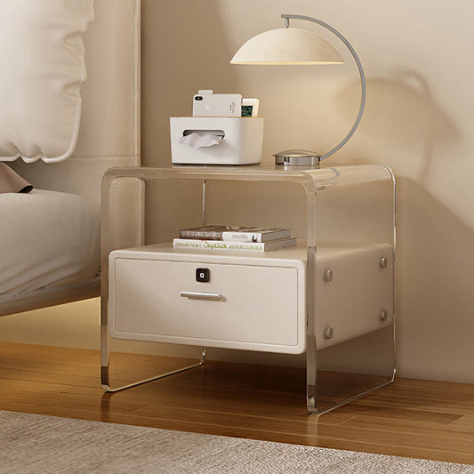 Contemporary Nordic Square Cube Acrylic Leather Solid Wood Nightstand 1 - Drawer For Bedroom