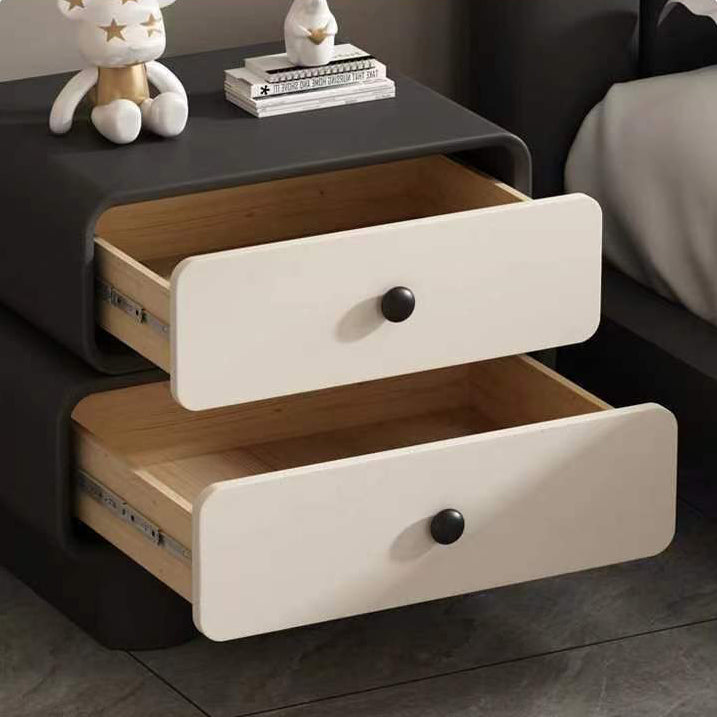 Contemporary Scandinavian Rectangle Cube Solid Wood Leather Nightstand 2 - Drawer For Bedroom