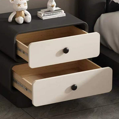 Contemporary Scandinavian Rectangle Cube Solid Wood Leather Nightstand 2 - Drawer For Bedroom