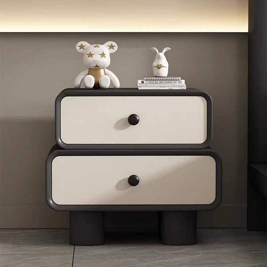 Contemporary Scandinavian Rectangle Cube Solid Wood Leather Nightstand 2 - Drawer For Bedroom