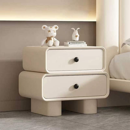 Contemporary Scandinavian Rectangle Cube Solid Wood Leather Nightstand 2 - Drawer For Bedroom