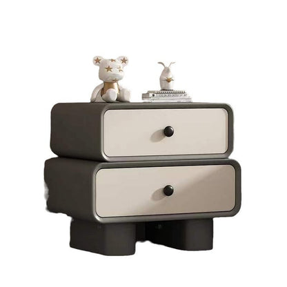 Contemporary Scandinavian Rectangle Cube Solid Wood Leather Nightstand 2 - Drawer For Bedroom