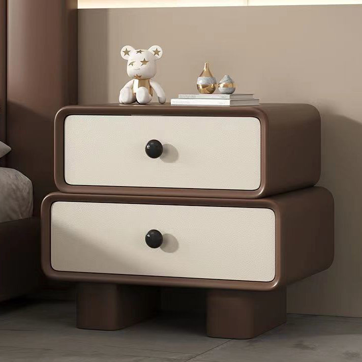 Contemporary Scandinavian Rectangle Cube Solid Wood Leather Nightstand 2 - Drawer For Bedroom