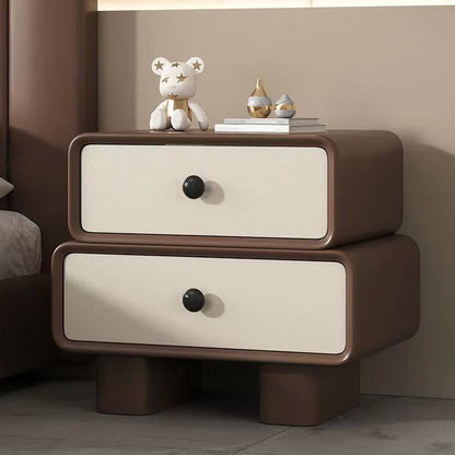 Contemporary Scandinavian Rectangle Cube Solid Wood Leather Nightstand 2 - Drawer For Bedroom