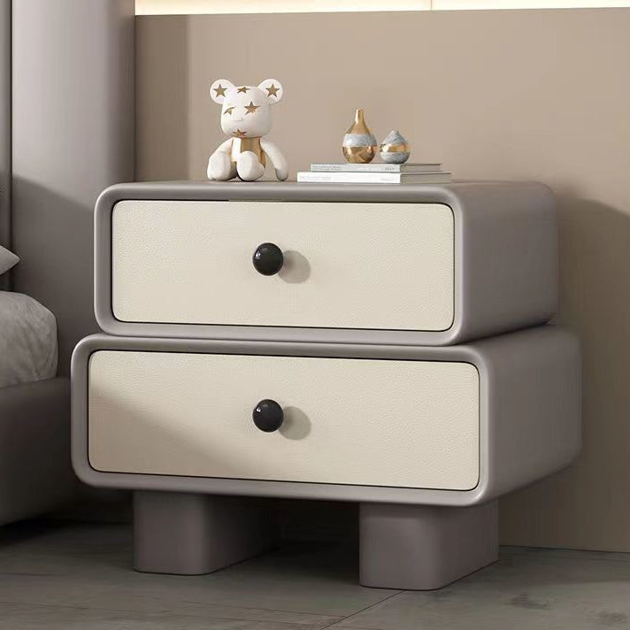 Contemporary Scandinavian Rectangle Cube Solid Wood Leather Nightstand 2 - Drawer For Bedroom