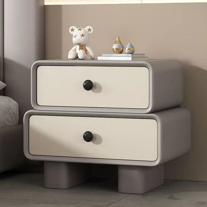 Contemporary Scandinavian Rectangle Cube Solid Wood Leather Nightstand 2 - Drawer For Bedroom