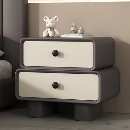 Contemporary Scandinavian Rectangle Cube Solid Wood Leather Nightstand 2 - Drawer For Bedroom