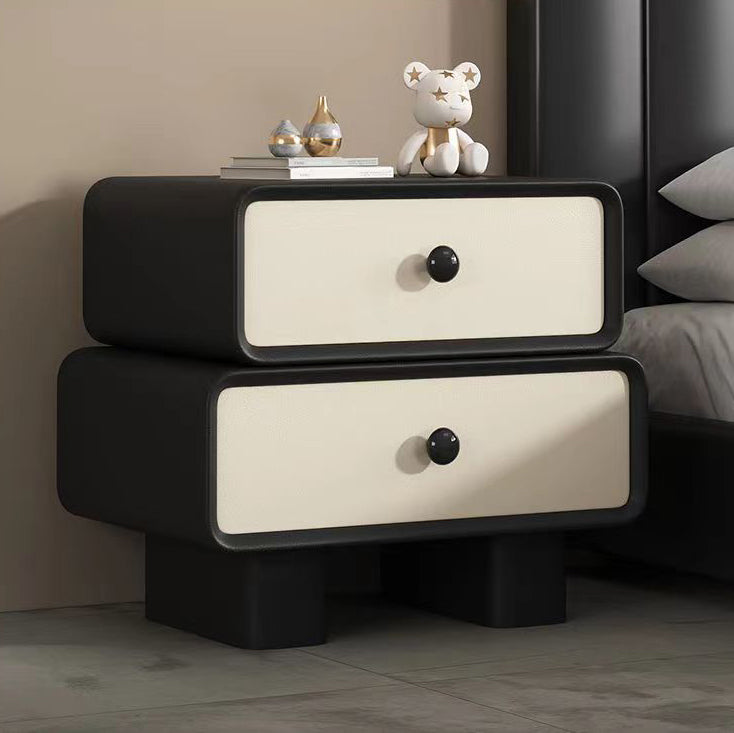 Contemporary Scandinavian Rectangle Cube Solid Wood Leather Nightstand 2 - Drawer For Bedroom