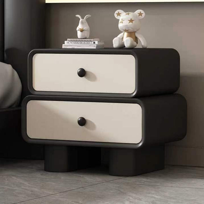 Contemporary Scandinavian Rectangle Cube Solid Wood Leather Nightstand 2 - Drawer For Bedroom