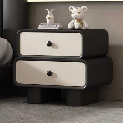 Contemporary Scandinavian Rectangle Cube Solid Wood Leather Nightstand 2 - Drawer For Bedroom