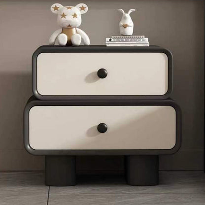 Contemporary Scandinavian Rectangle Cube Solid Wood Leather Nightstand 2 - Drawer For Bedroom