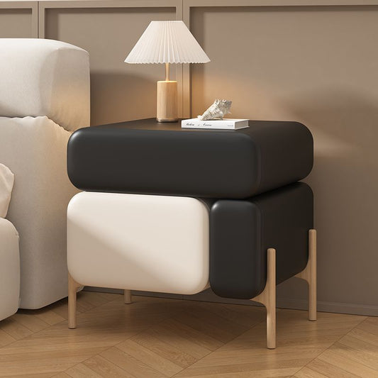 Contemporary Nordic Splicing Color Rectangle Cube Solid Wood Microfiber  Leather Nightstand 3 - Drawer For Bedroom