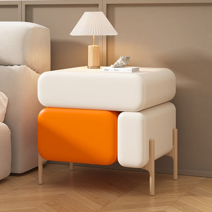 Contemporary Nordic Splicing Color Rectangle Cube Solid Wood Microfiber  Leather Nightstand 3 - Drawer For Bedroom