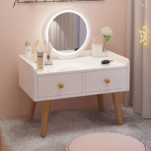 Modern Simplicity Rectangular Cube Round Mirror Density Board Hardware Makeup Vanity 2 - Drawer For Bedroom