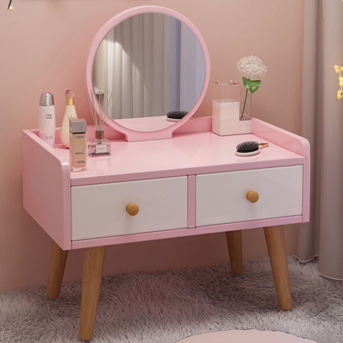 Modern Simplicity Rectangular Cube Round Mirror Density Board Hardware Makeup Vanity 2 - Drawer For Bedroom