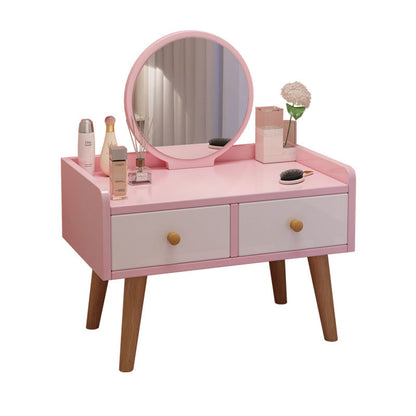 Modern Simplicity Rectangular Cube Round Mirror Density Board Hardware Makeup Vanity 2 - Drawer For Bedroom