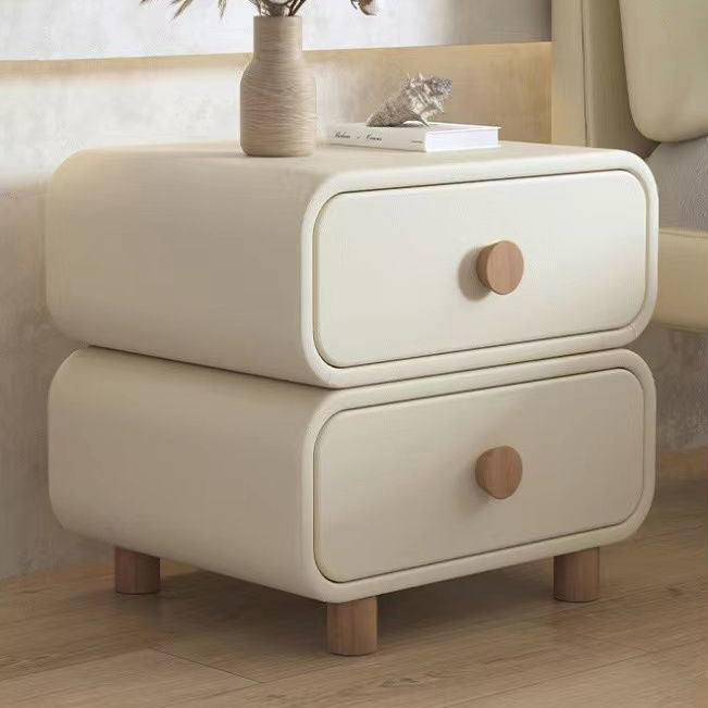 Contemporary Scandinavian Square Cube Solid Wood Leather Nightstand 2 - Drawer For Bedroom