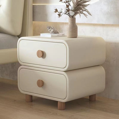 Contemporary Scandinavian Square Cube Solid Wood Leather Nightstand 2 - Drawer For Bedroom